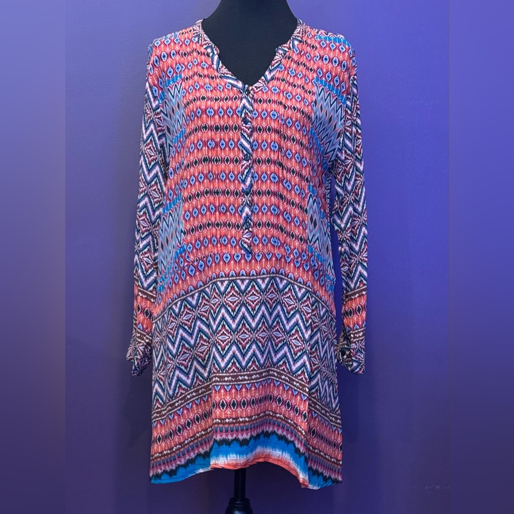 Tolani Bohemian Orange and Blue Patterned Women's Top L